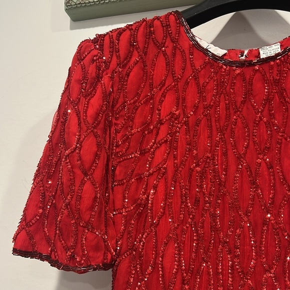 Vintage 80s Lawrence Kazar, New York silk sequin red mini dress medium petite - Picture 2 of 6
